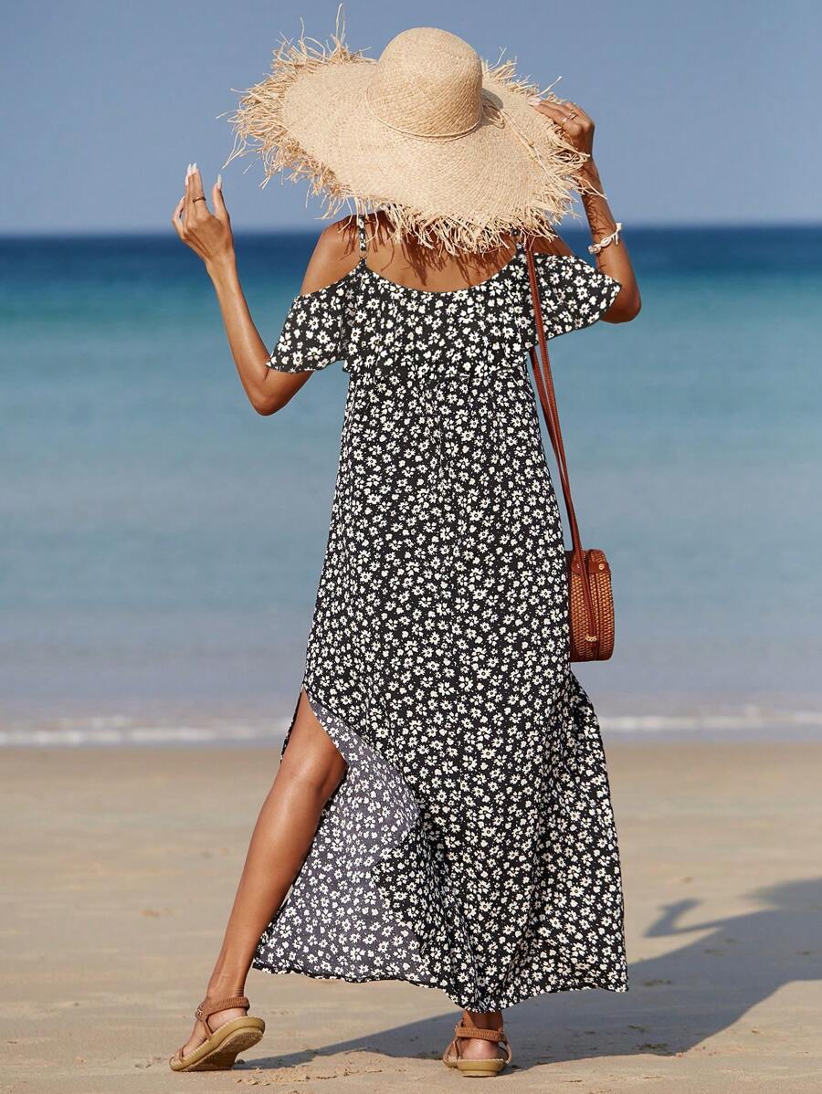 Floral Print Cold-Shoulder Maxi Dress
