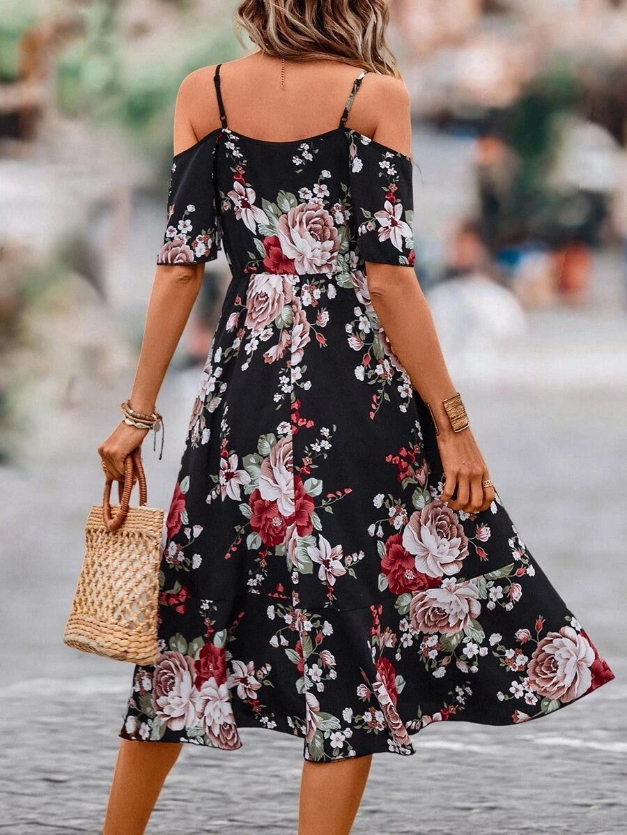 Floral Print Cold-Shoulder A-Line Midi Dress