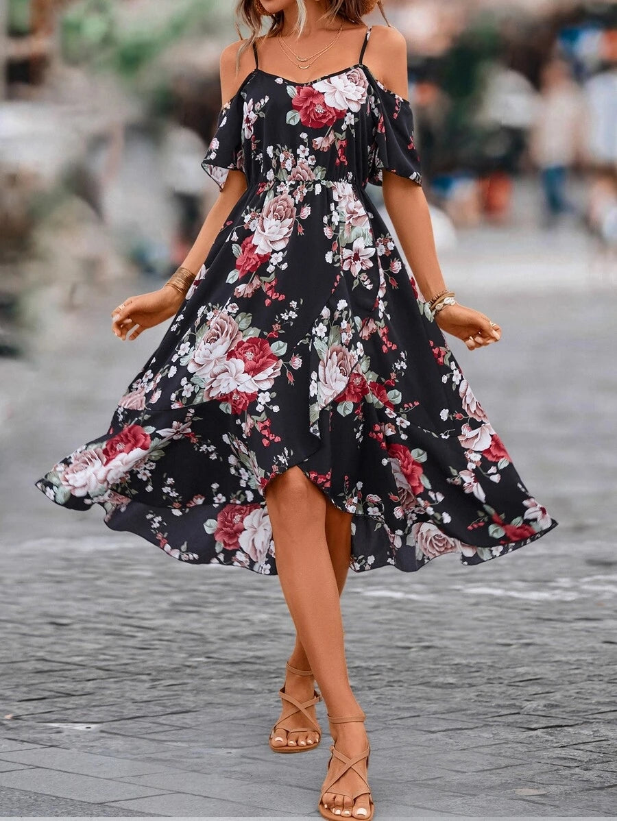 Floral Print Cold-Shoulder A-Line Midi Dress