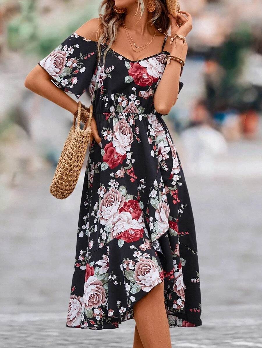 Floral Print Cold-Shoulder A-Line Midi Dress