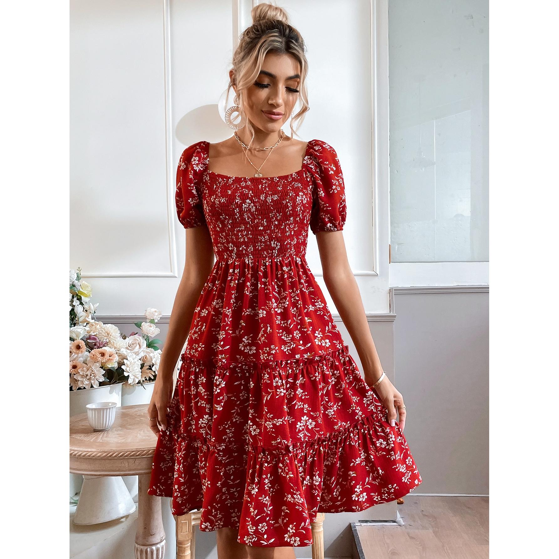 Ethnic Motifs Print Choker Neck Puff Sleeve A-Line Midi Dress