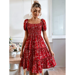 Ethnic Motifs Print Choker Neck Puff Sleeve A-Line Midi Dress