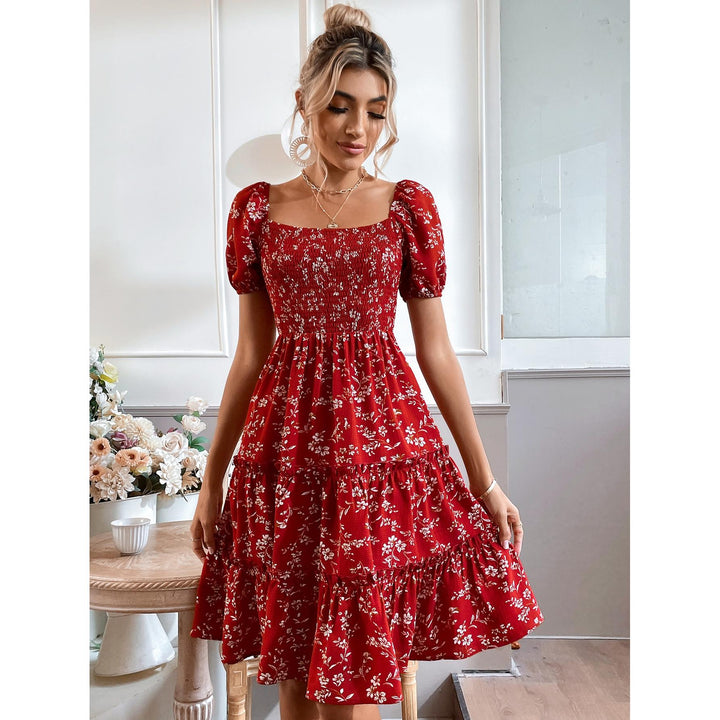 Ethnic Motifs Print Choker Neck Puff Sleeve A-Line Midi Dress