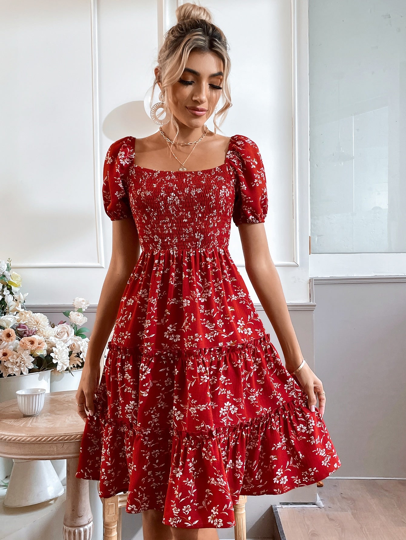 Ethnic Motifs Print Choker Neck Puff Sleeve A-Line Midi Dress