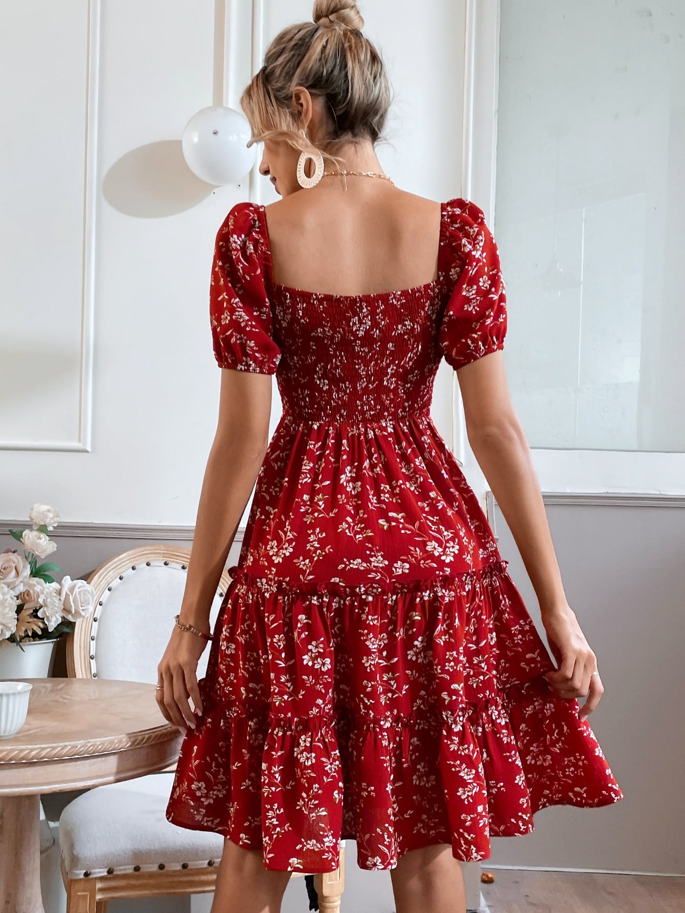 Ethnic Motifs Print Choker Neck Puff Sleeve A-Line Midi Dress