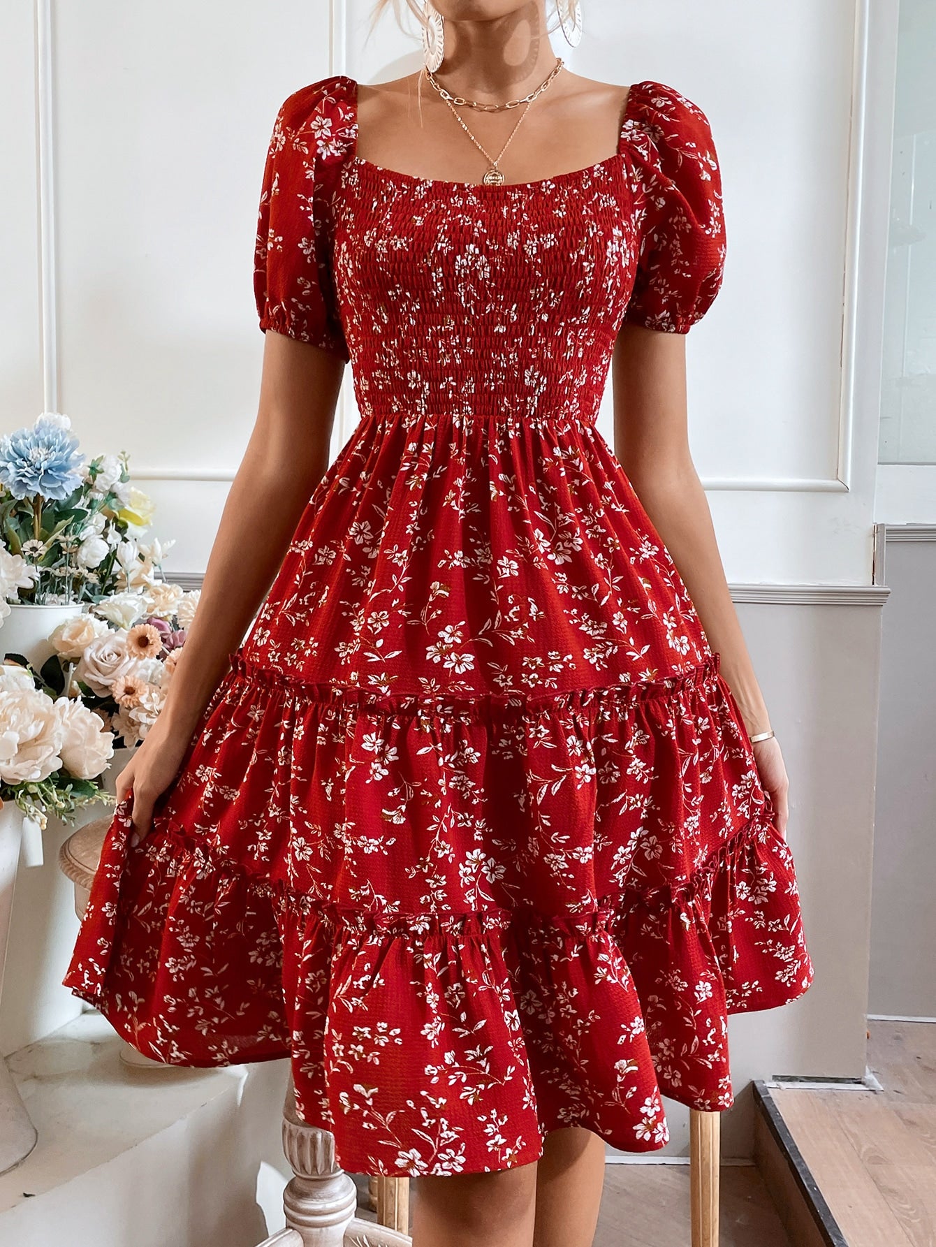 Ethnic Motifs Print Choker Neck Puff Sleeve A-Line Midi Dress
