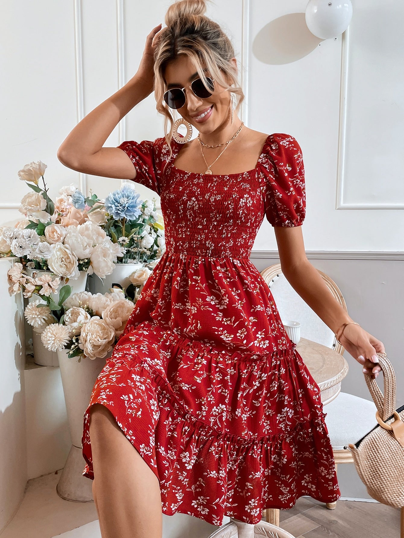 Ethnic Motifs Print Choker Neck Puff Sleeve A-Line Midi Dress