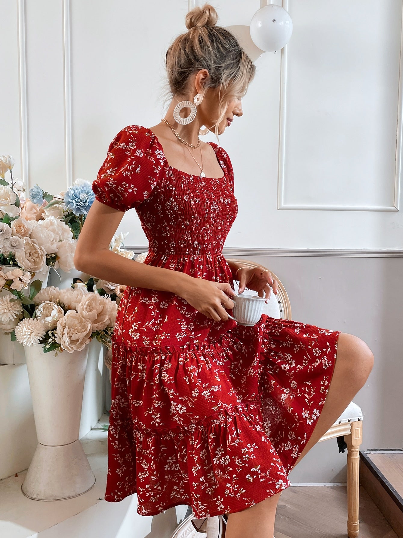 Ethnic Motifs Print Choker Neck Puff Sleeve A-Line Midi Dress