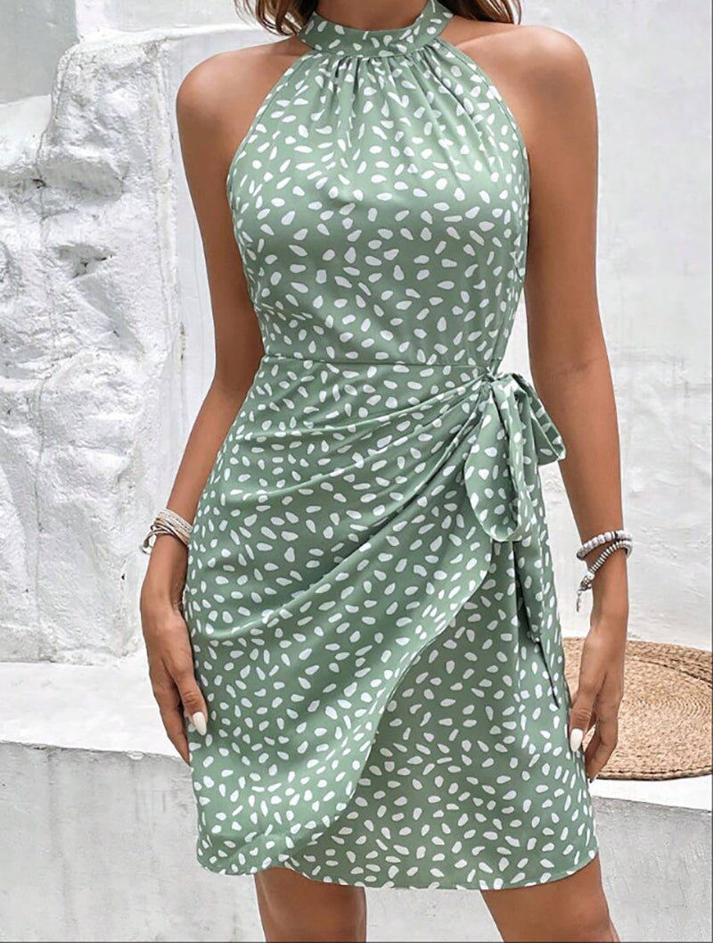 Printed Halter Neck Tie-Up Sheath Dress