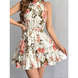 Women Floral Print Tie-Ups Halter Neck Sheath Dress