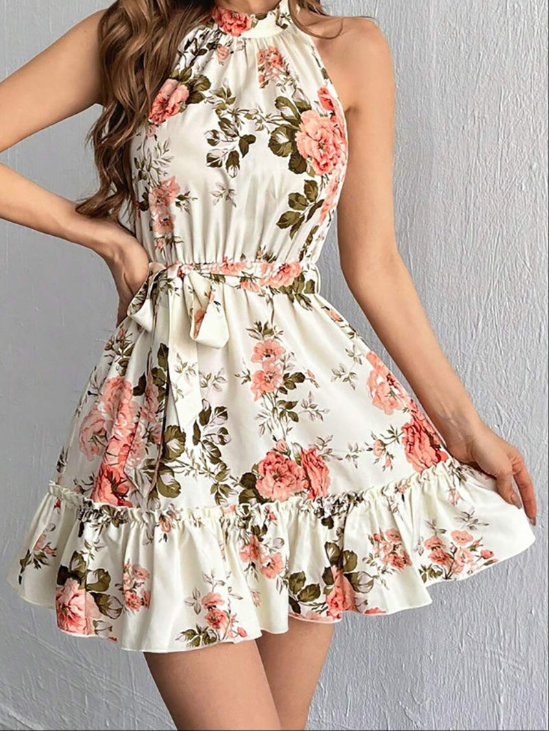 Women Floral Print Tie-Ups Halter Neck Sheath Dress