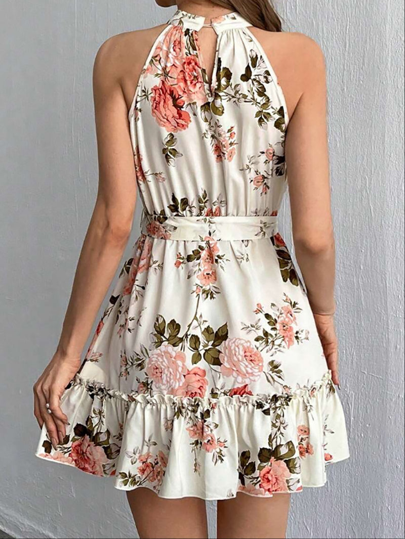 Women Floral Print Tie-Ups Halter Neck Sheath Dress