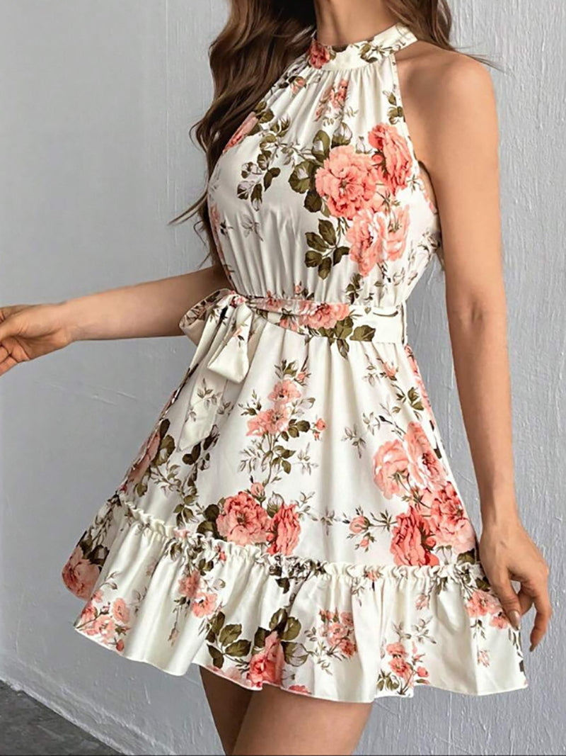 Women Floral Print Tie-Ups Halter Neck Sheath Dress