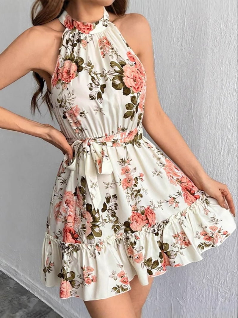 Women Floral Print Tie-Ups Halter Neck Sheath Dress