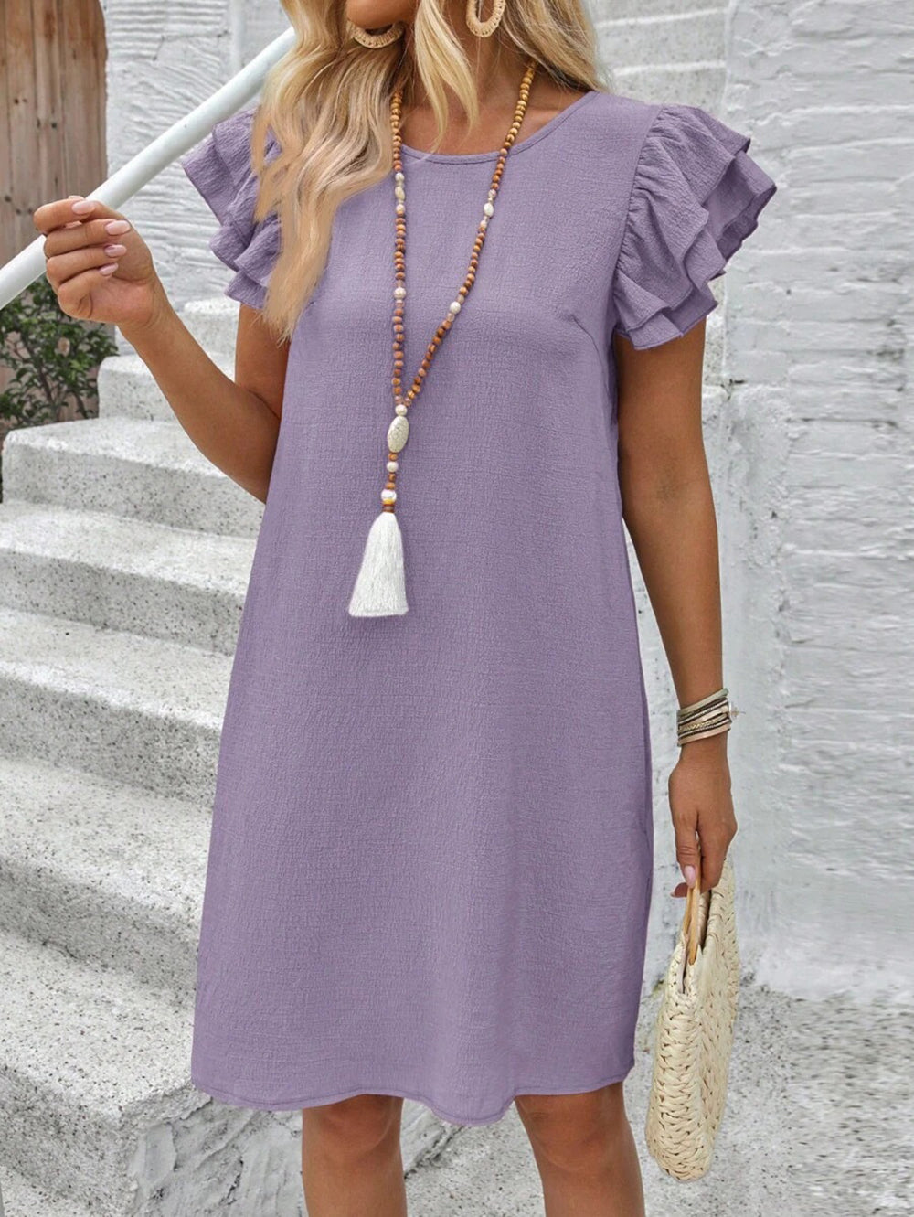 Women Round Neck Flared Sleeve Sheath Dress