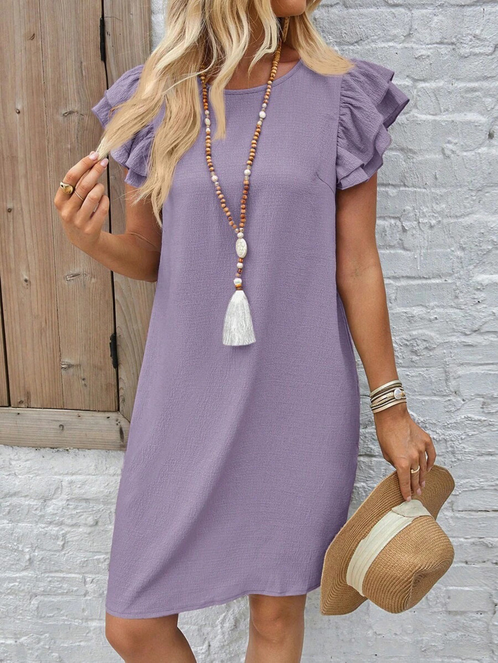 Women Round Neck Flared Sleeve Sheath Dress