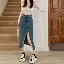 Frayed Denim Opaque Straight Midi Skirt