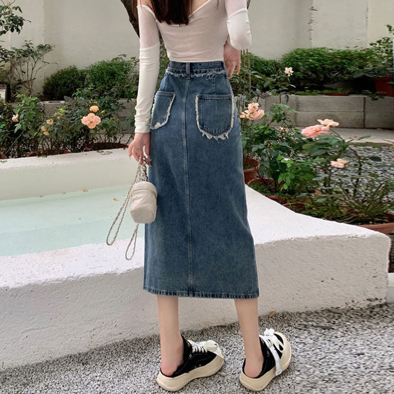 Frayed Denim Opaque Straight Midi Skirt
