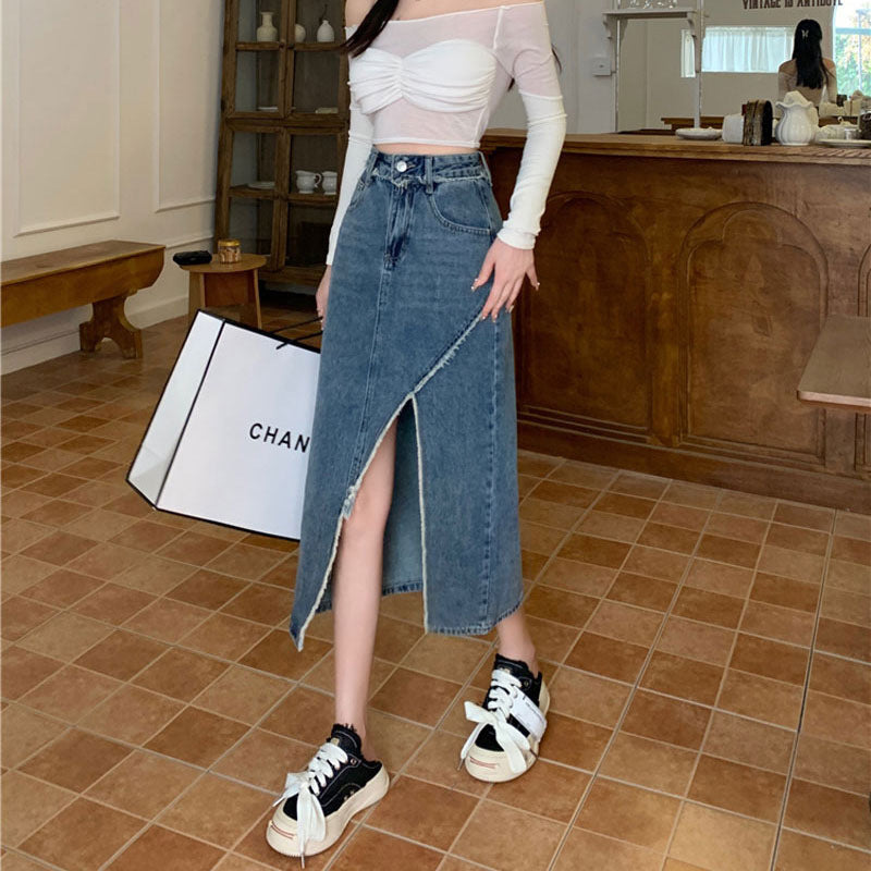 Frayed Denim Opaque Straight Midi Skirt