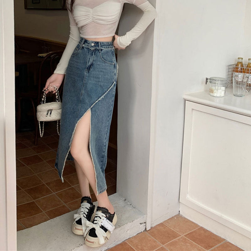 Frayed Denim Opaque Straight Midi Skirt