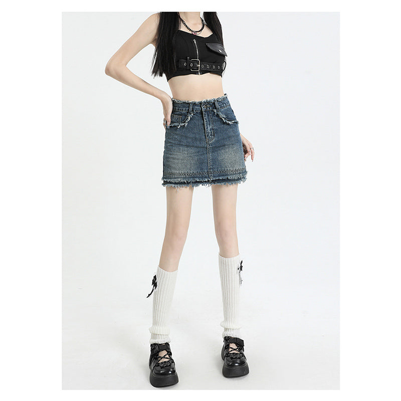 Blue Pencil Opaque Straight Distressed Mini Skirt