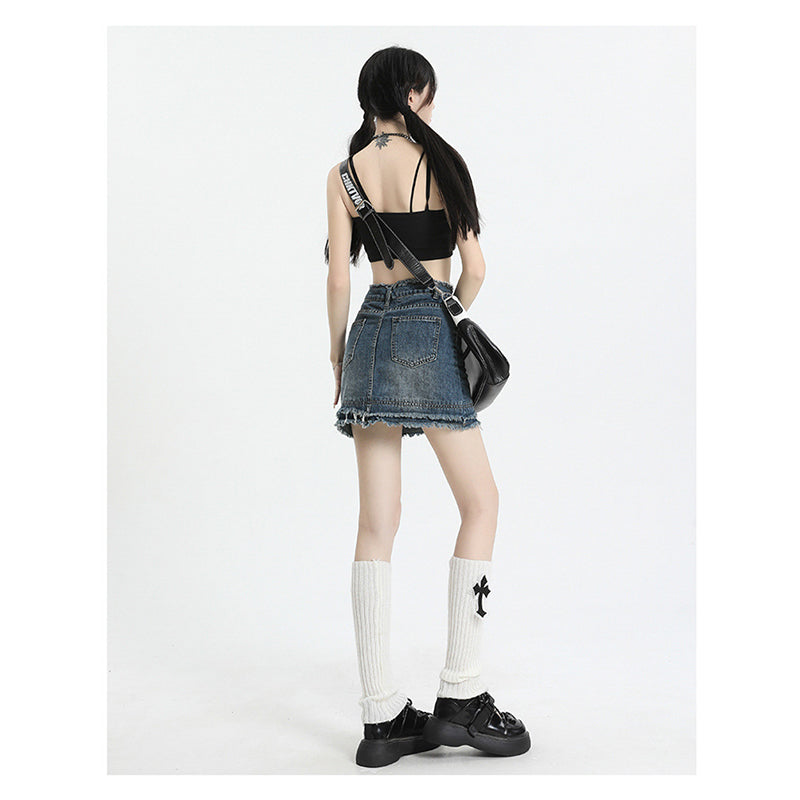 Blue Pencil Opaque Straight Distressed Mini Skirt