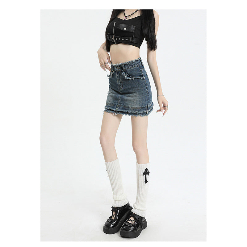 Blue Pencil Opaque Straight Distressed Mini Skirt