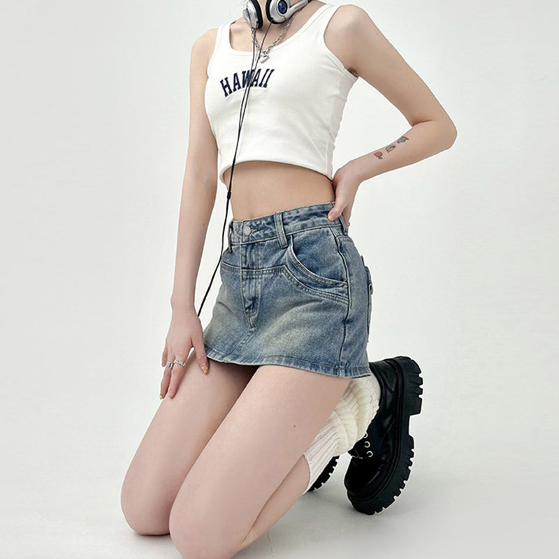 Women Blue Washed High-Rise Cotton Denim Shorts