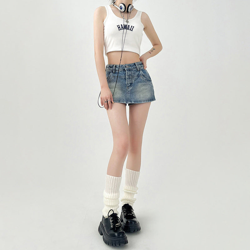 Women Blue Washed High-Rise Cotton Denim Shorts