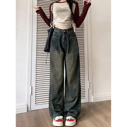 Women Wide Leg Slash Knee Heavy Fade Jeans