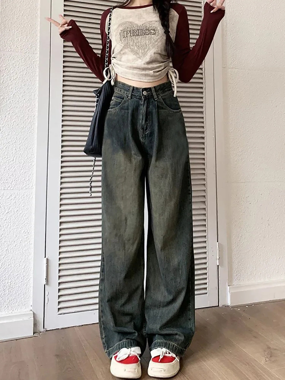 Women Wide Leg Slash Knee Heavy Fade Jeans