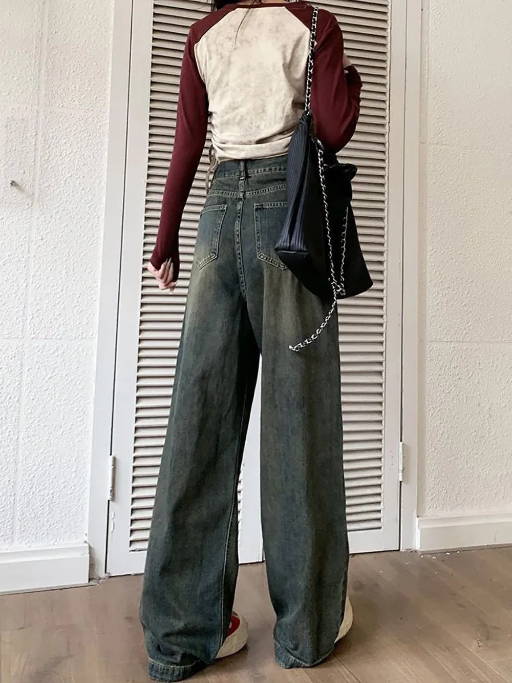 Women Wide Leg Slash Knee Heavy Fade Jeans