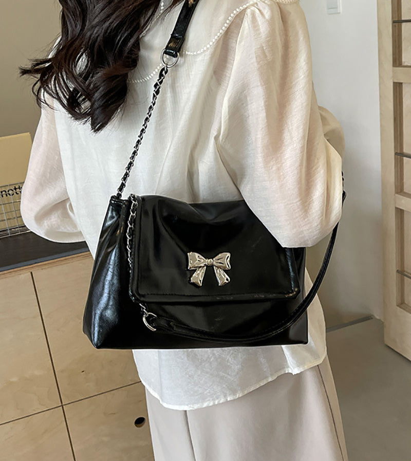 Black Solid Two Handles Shoulder Bag