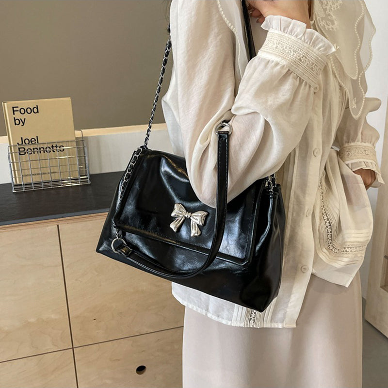 Black Solid Two Handles Shoulder Bag