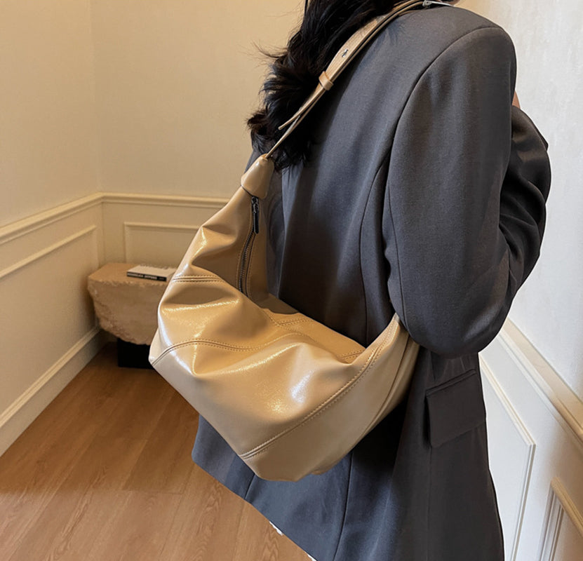Khaki Solid One Handle Shoulder Bag