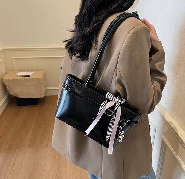 Black Solid Two Handles Shoulder Bag