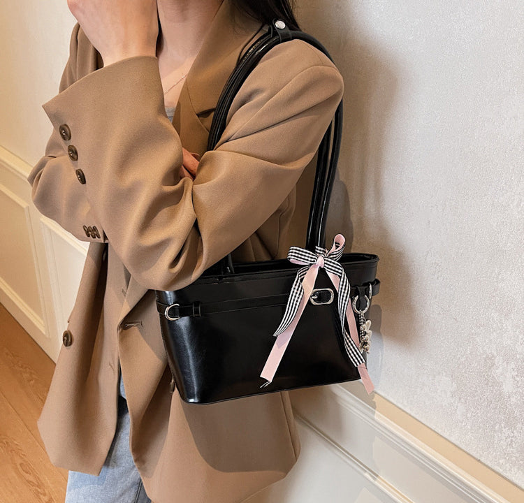 Black Solid Two Handles Shoulder Bag