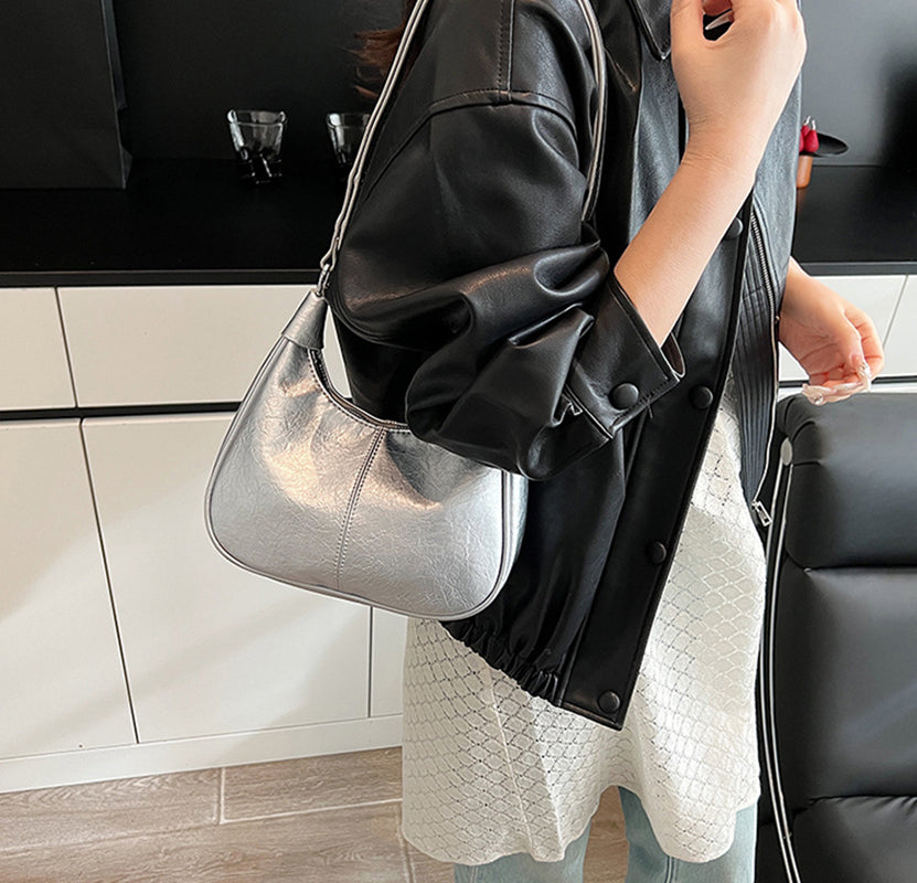 Silver Solid One Handle Shoulder Bag