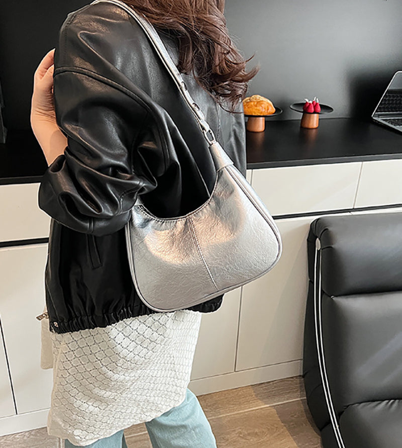 Silver Solid One Handle Shoulder Bag