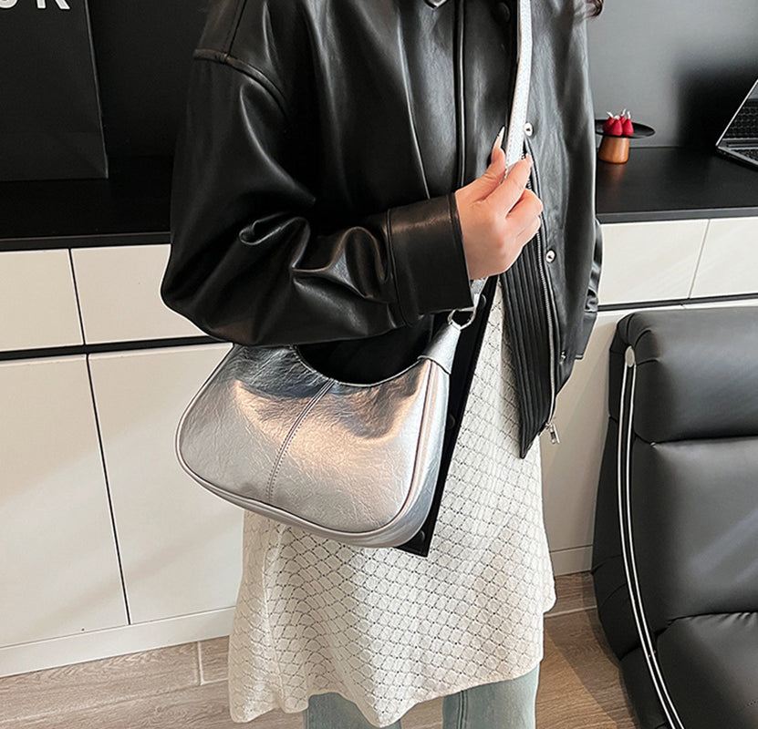 Silver Solid One Handle Shoulder Bag