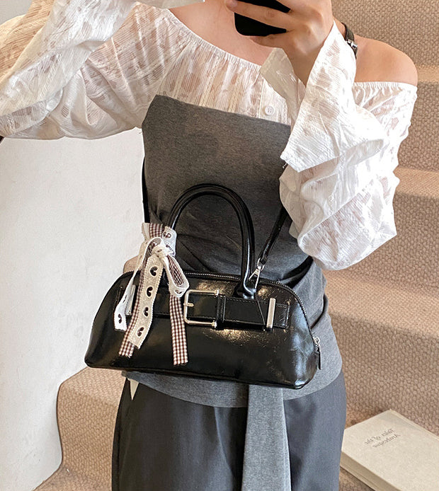 Black Solid Two Handles Tote Bag