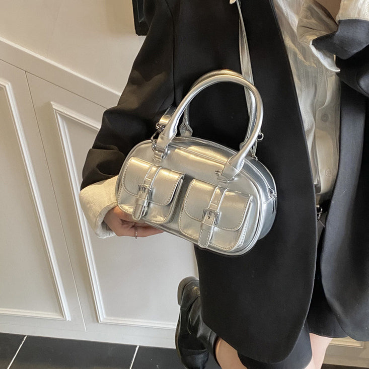 Silver Solid Two Handles Tote Bag