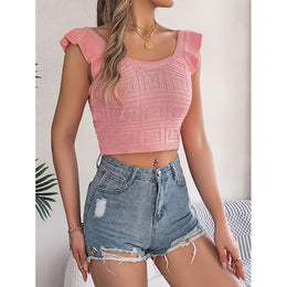 Pink Square Neck Flutter Sleeves Crop Top