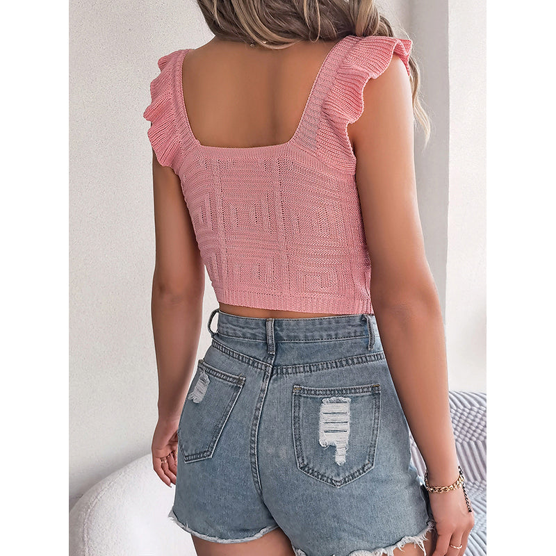 Pink Square Neck Flutter Sleeves Crop Top
