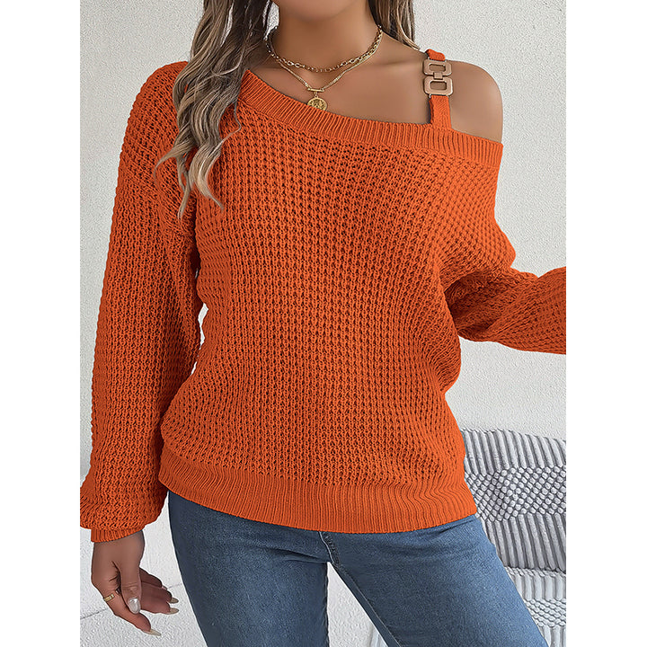 Orange Cable Knit Asymmetric Neck Long Sleeves Acrylic Pullover Sweater
