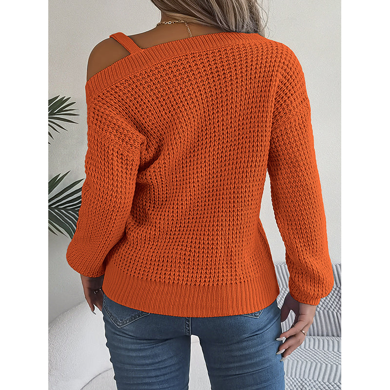 Orange Cable Knit Asymmetric Neck Long Sleeves Acrylic Pullover Sweater