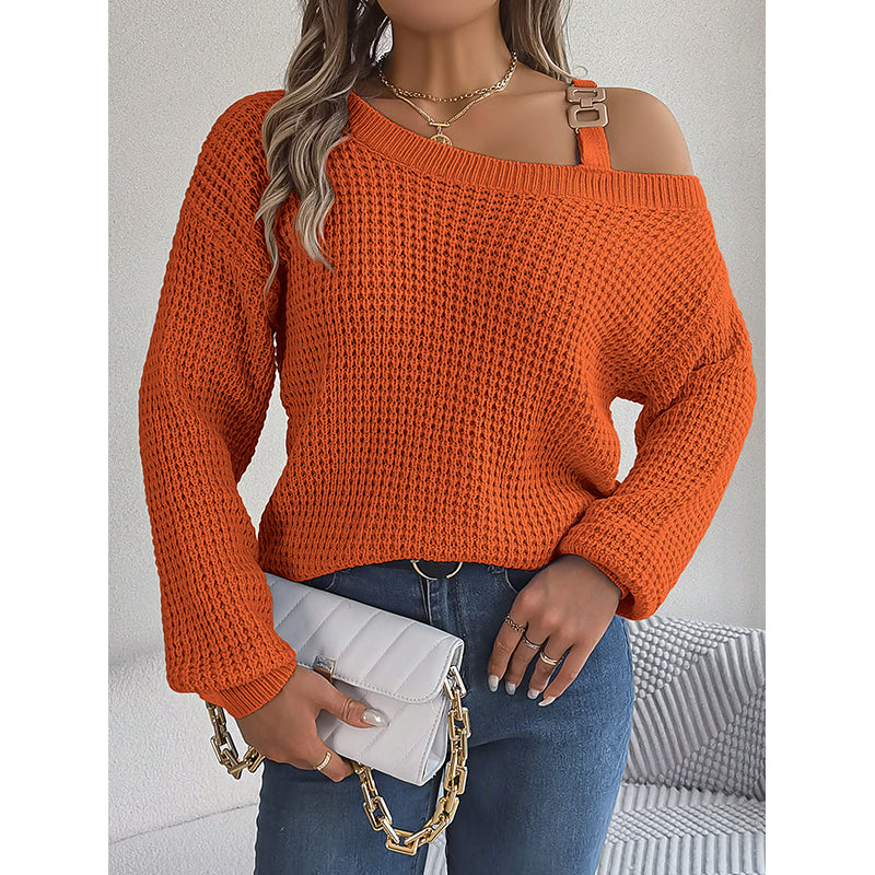 Orange Cable Knit Asymmetric Neck Long Sleeves Acrylic Pullover Sweater