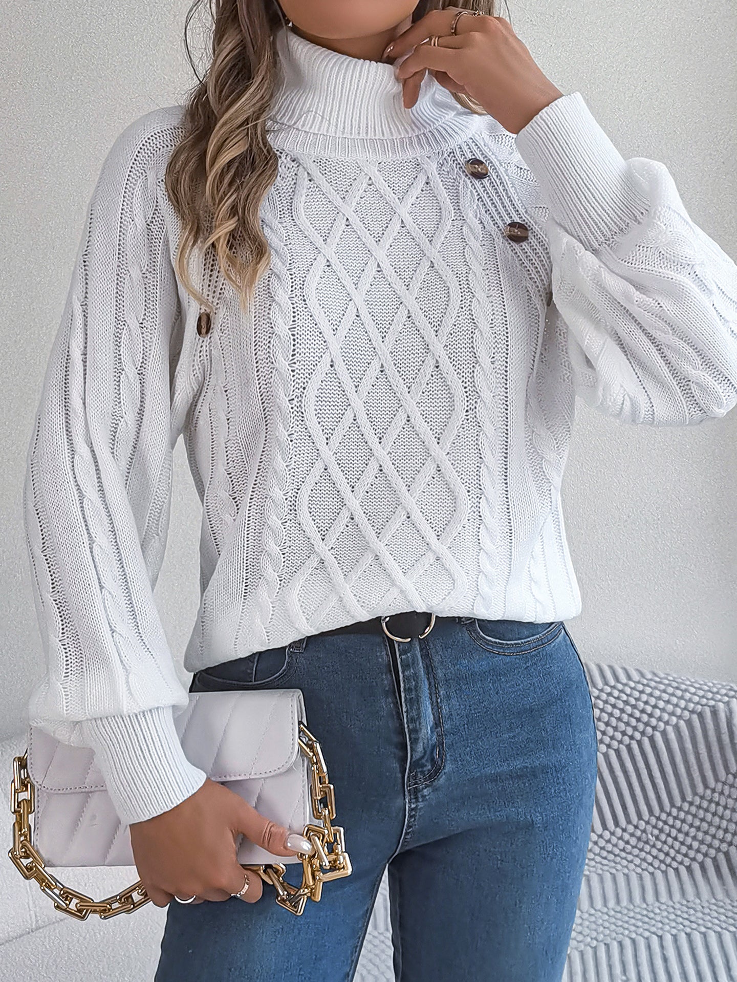 Women Cable Knit Turtle Neck Pullover Sweater