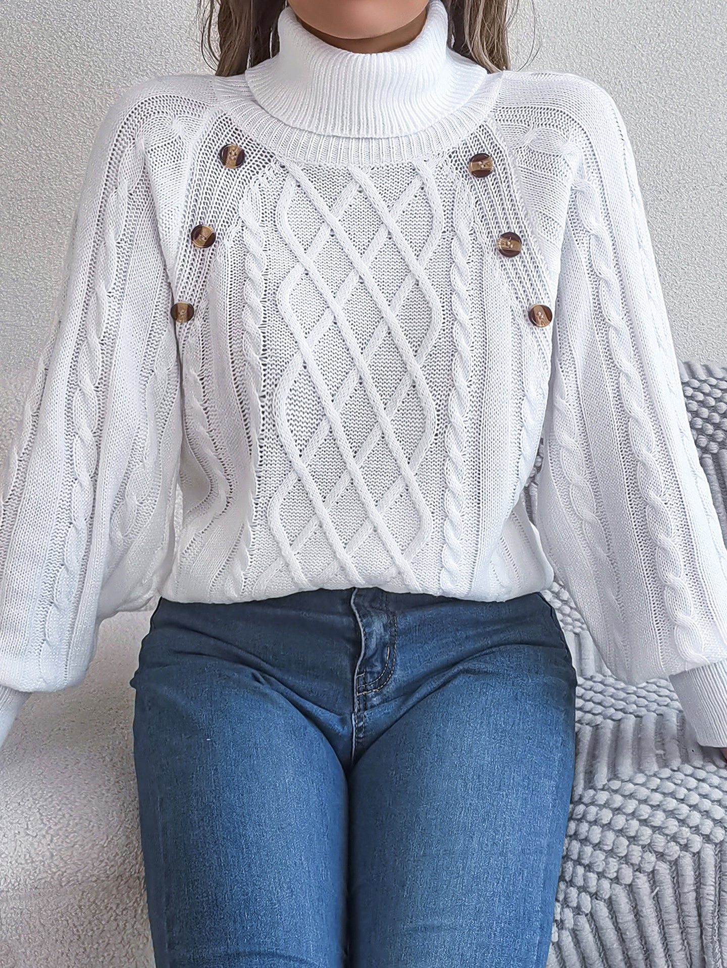 Women Cable Knit Turtle Neck Pullover Sweater