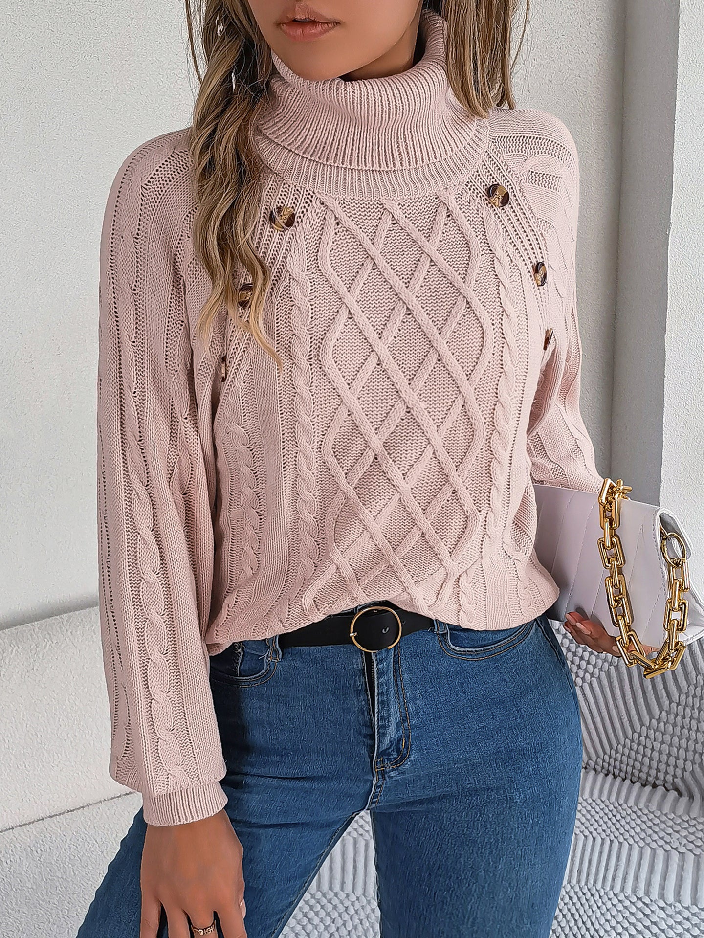Women Cable Knit Turtle Neck Pullover Sweater